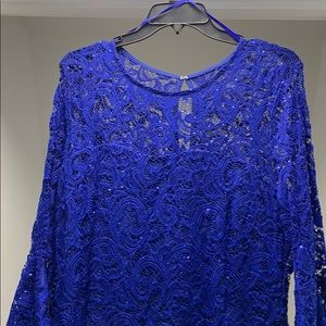 Royal blue lace and sequin dress with bell sleeves